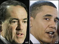 Huckabee and Obama take Iowa wins 